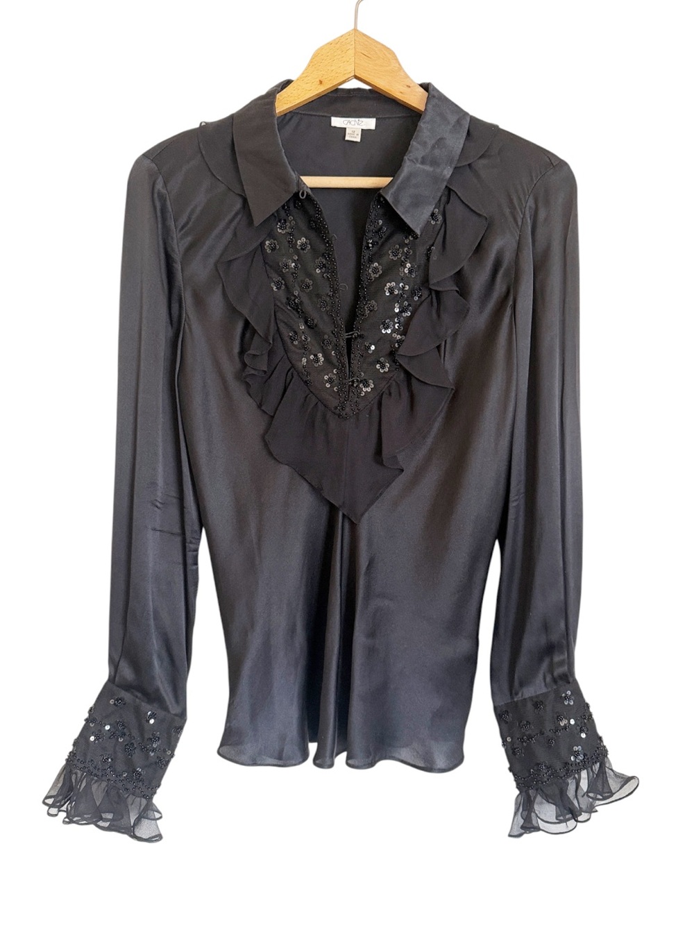 Vintage Cache Y2K Silk Black Beaded Ruffled Romantic Whimsygoth Blouse size 12